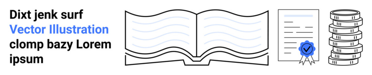 Open book with text, certification document, blue badge, and stacked coins symbolizing knowledge, achievement, and wealth. Ideal for education, learning, certification finance success goals