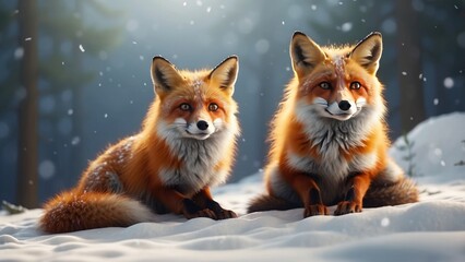 Obraz premium two foxes sitting in the snow in a forest with snow falling, foxes, fox animal, ultra realistic picture, cute fox