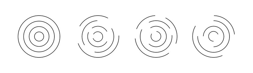 Set of circular ripple icons. Concentric circles with broken lines isolated on white background. Vortex, sonar wave, soundwave, sunburst, signal signs. Vector graphic illustration
