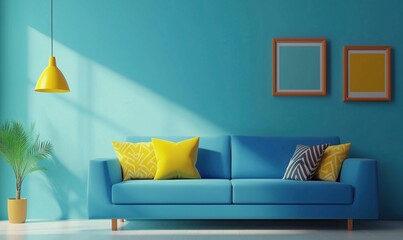 Modern living room with blue sofa, yellow accents, and vibrant wall decor