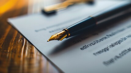 Fototapeta premium Elegant fountain pen resting on document in warm light