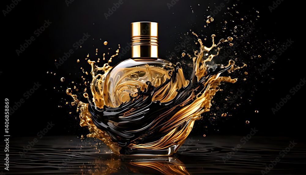 Poster dynamic splash of luxury perfume bottle studio setup high-quality image dark background