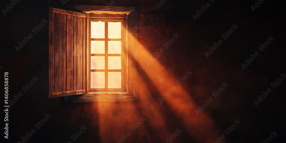 Poster sunlight streaming through rustic window creating warm atmosphere in dark room