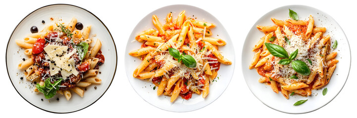 Pasta with sauce and cheese on plate, transparent background