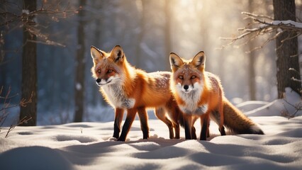 Fototapeta premium two foxes sitting in the snow in a forest with snow falling, foxes, fox animal, ultra realistic picture, cute fox