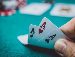 Hand holding three aces in a poker game with focus on playing cards