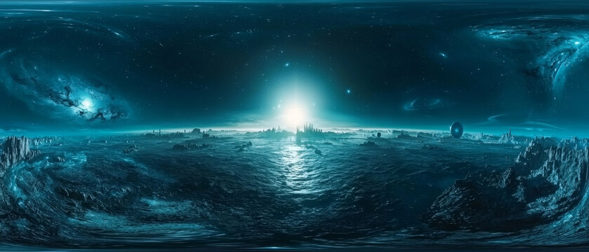 Alien Cityscape:  A panoramic view of a futuristic city on a vibrant, alien ocean under a starry sky