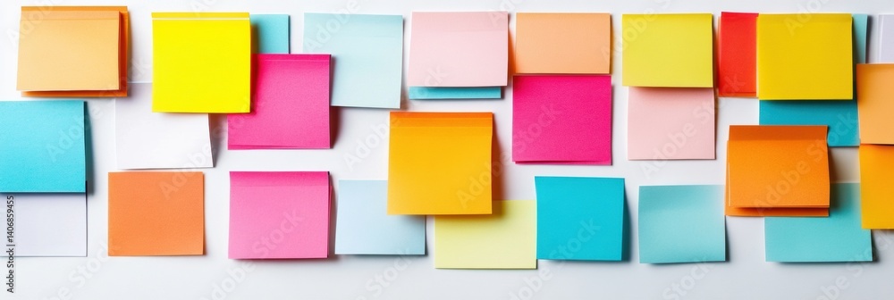 Leinwandbilder sticky notes and paper tabs arranged neatly on a white desk background in a creative workspace