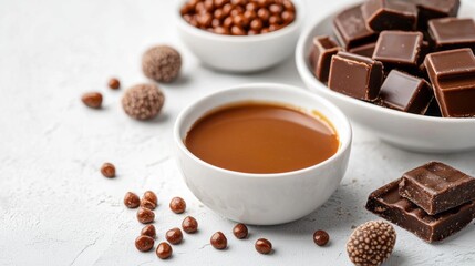 Fototapeta premium A bowl of chocolate sauce sits on a table next to a bowl of chocolate chips