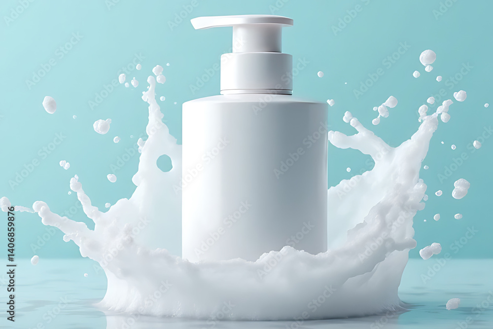 Poster cleansing action with liquid soap bottle studio setting product photography minimalist design