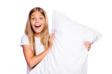 Portrait of crazy model kid hold hand pillow want have fun on sleep-over party feel content expression play pillow fights with her friends wear white t-shirt isolated over purple color background