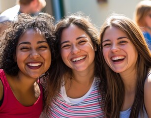 Three young women smiling outdoors: diverse group of friends in joyful moment