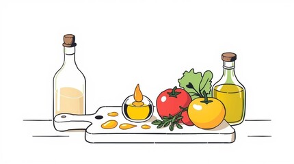 Fresh Tomatoes Olive Oil and Vinegar on a Cutting Board Cooking Ingredients Illustration