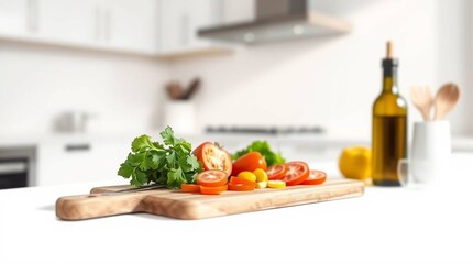 Freshly sliced tomatoes and cilantro on a wooden cutting board in a bright kitchen Healthy cooking preparation