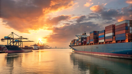 Majestic sunset over a busy cargo port with container ships and cranes at golden hour