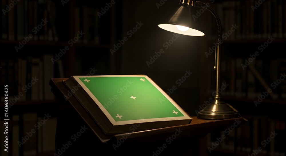 Poster an old book with green screen placed under a lit lamp in library setting