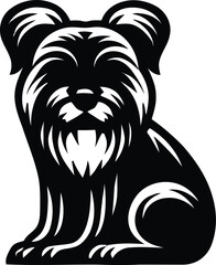 Silhouette of a pug dog, black and white graphic, simplified geometric shapes, bold outlines, minimalist design, vector art style, sleek contours, stylized canine form, high contrast illustration, ico