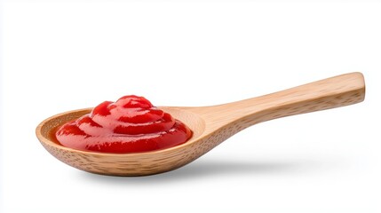 Wooden spoon with tomato ketchup on a white background
