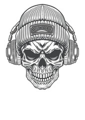 Skull in streetstyle beanie hat and vintage style headphone 70 - BWb