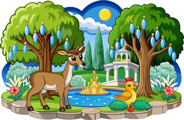 Toile park with deer animal, grouse bird, willow, tree, fountain, column seamless border. Classic landscape mural Background