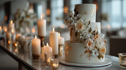 Elegant Three-Tier White Wedding Cake with Golden Floral Decorations – Minimalist Setting with Candles and Vases in Soft Focus