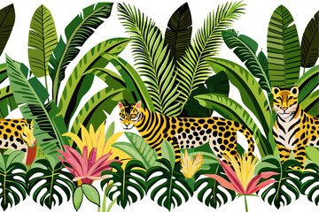 Obraz premium Toile tropical vintage botanical palm trees, banana tree, plants, leopard, zebra animal, toucan seamless border white background. Graphic jungle mural Background