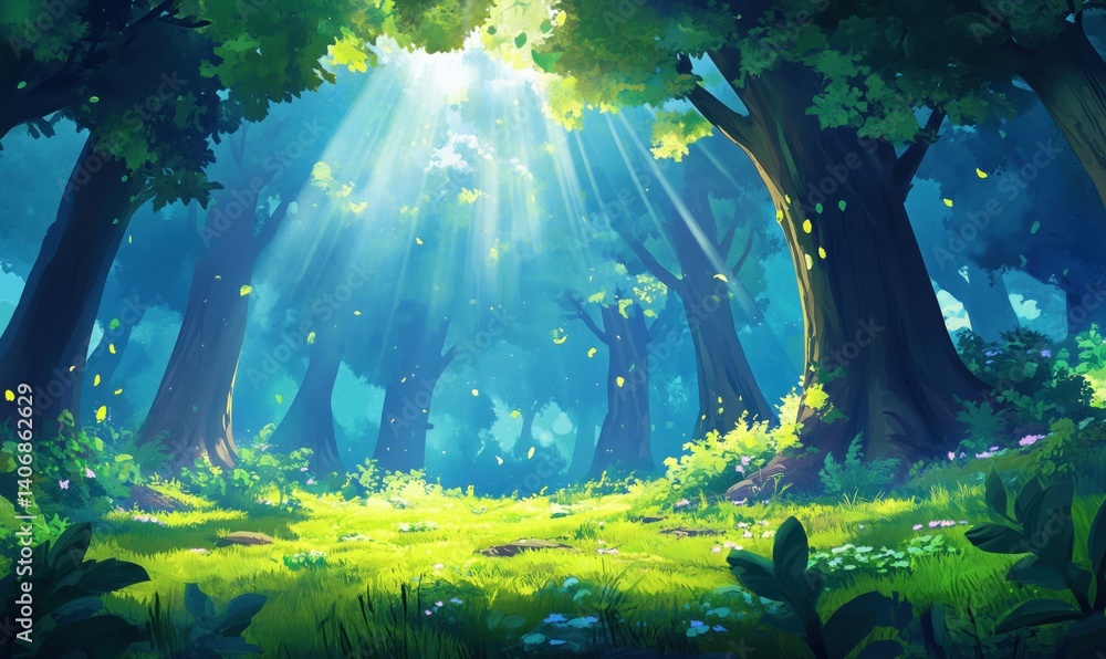Poster enchanting forest scene with sunlight filtering through trees and vibrant greenery