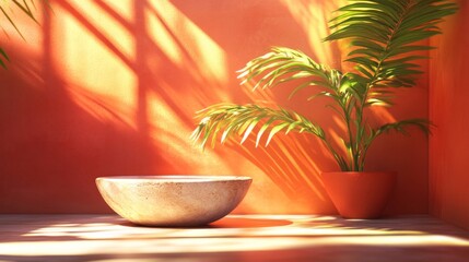 Obraz premium Textured Bowl and Palm Plant in Sunlit Orange Room