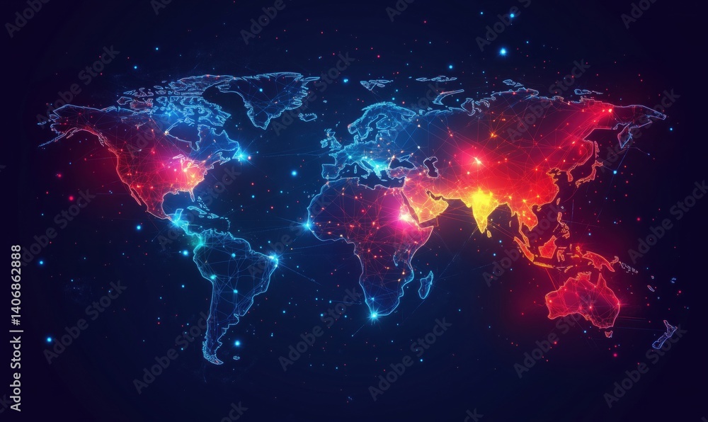 Poster digital world map with glowing connections and vibrant colors representing data flow