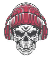 Skull in streetstyle beanie hat and vintage style headphone 70b