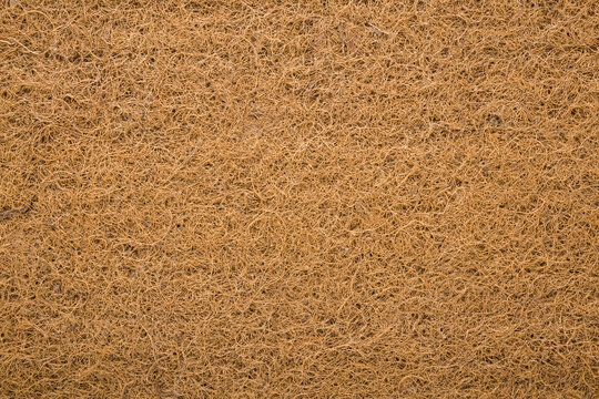 Brown coconut coir background of orthopedic mattress layer. Closeup. Top down view.