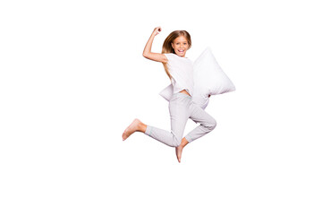 I win pillow fight game! Full body photo of funny funky blonde hair child jump show biceps feel fun...