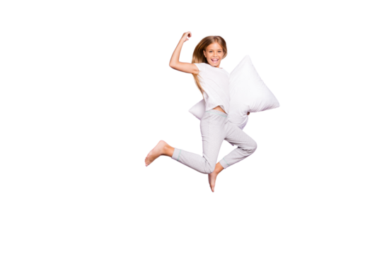 I win pillow fight game! Full body photo of funny funky blonde hair child jump show biceps feel fun funny funky enjoy sleep-over weekends wear white t-shirt pants isolated violet color background