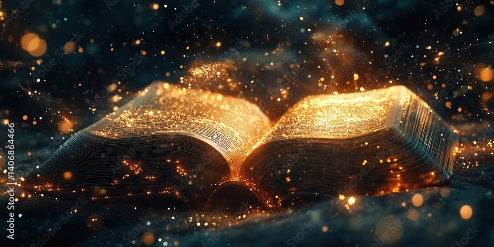Poster magical glowing book with sparkling particles creating an enchanting atmosphere