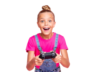 Photo of rejoicing cute nice schoolgirl excited about level complete playing video games wearing t-shirt jeans denim holding joystick with her hands isolated over pink pastel color background