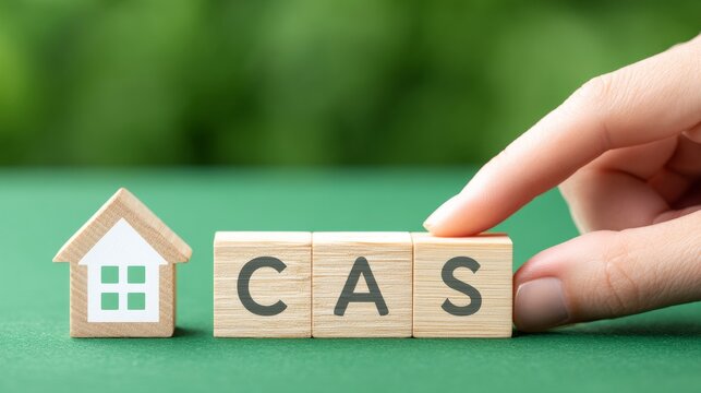 Hand Placing Wooden Block Letters Next to House Icon Representing Concept of Home and Words