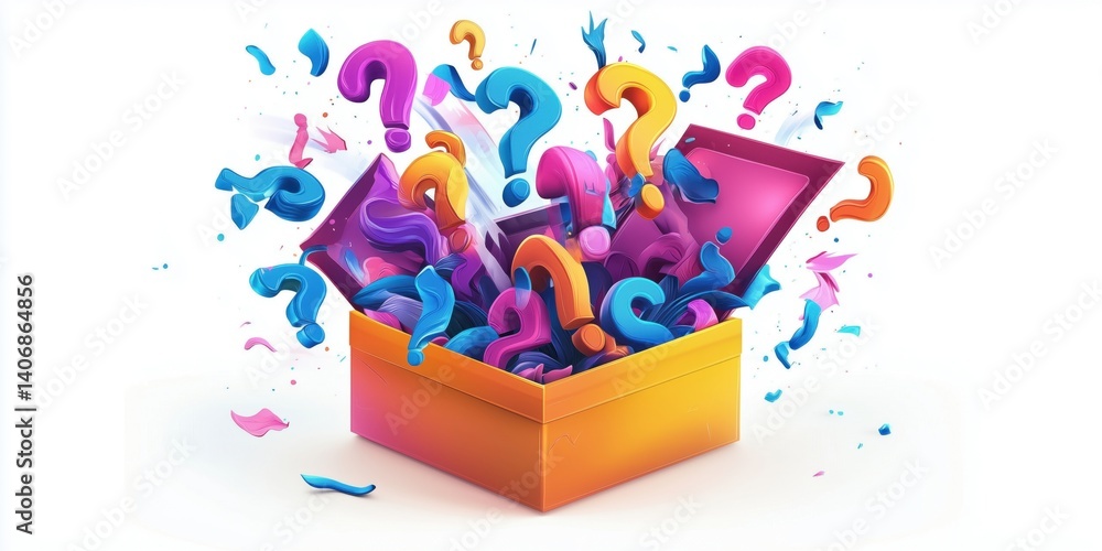 Poster Colorful question marks bursting from an open box representing curiosity and surprise