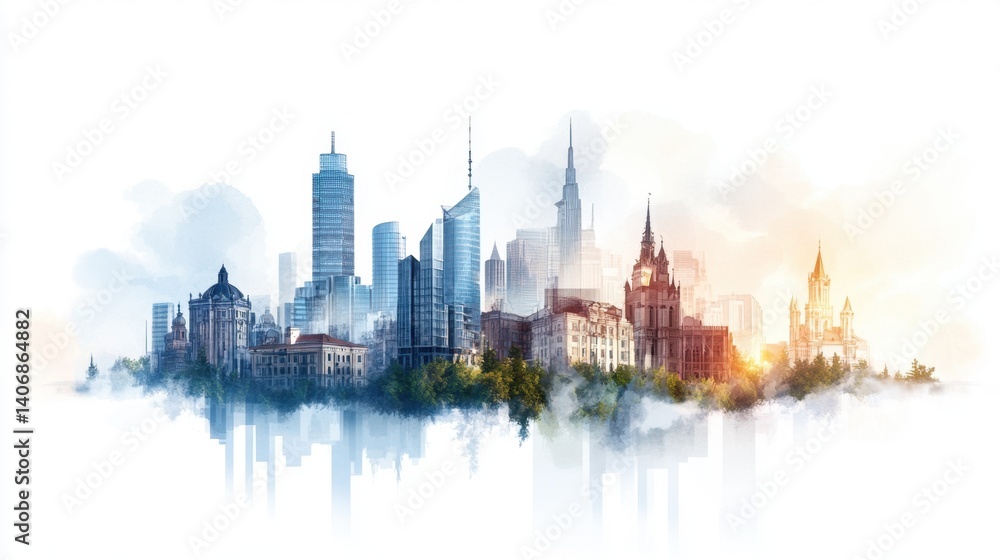 Poster a skyline where each building has a completely different architecture style