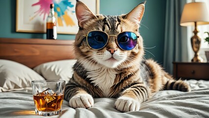 Cat Wearing Sunglasses Relaxing on Bed with Drink in Glass