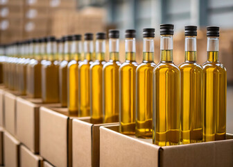 Rows of Golden Olive Oil Bottles in Cardboard Boxes Ready for Distribution