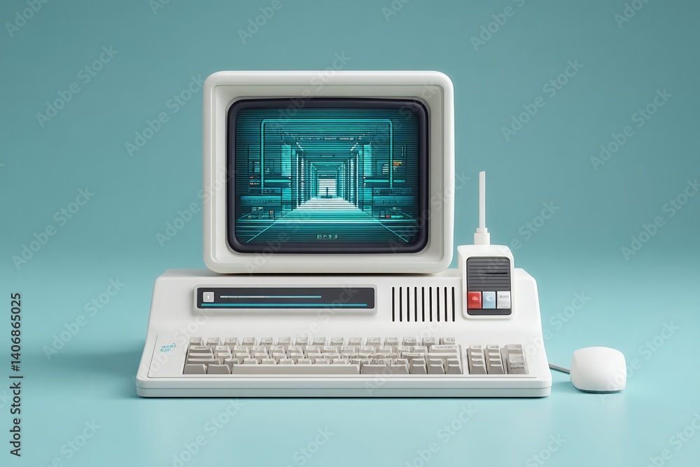 Poster retro bios boot screen displayed on crt monitor in vintage computer setup with keyboard and mouse