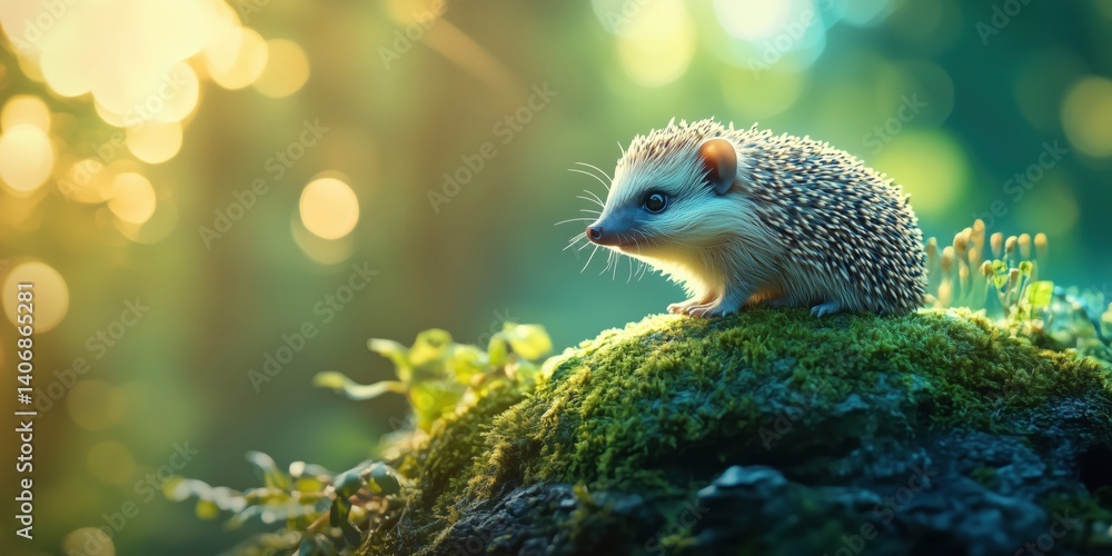 Poster hedgehog perched on mossy rock in enchanting forest setting with soft bokeh background