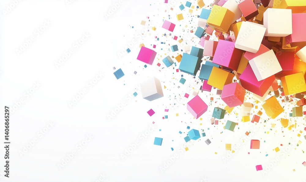 Poster colorful 3d cubes exploding in vibrant patterns against a white background