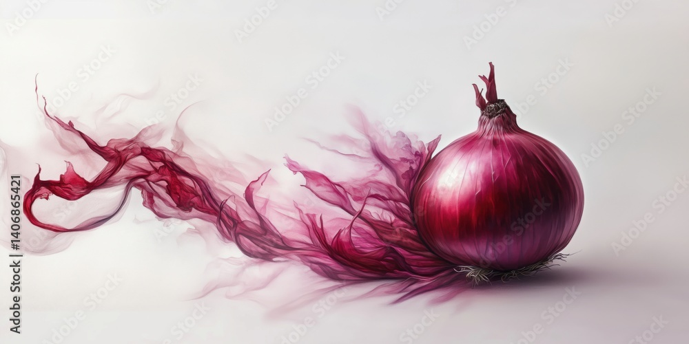 Poster red onion with flowing abstract fabric design creating a dynamic visual effect