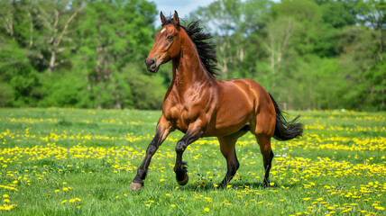 A horse galloping across a vibrant green meadow dotted with yellow dandelion
