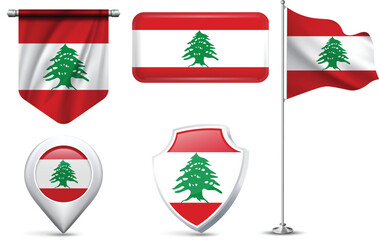 Set of Lebanon Flags in Different Shapes and Styles