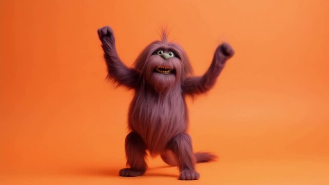 Playful Cartoon Monster Dancing Joyfully Against Vibrant Orange Background with Cheerful Expressions and Whimsical Character Traits