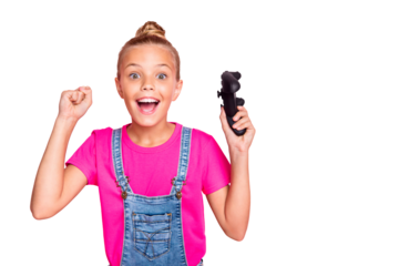 Photo of excited cute nice blonde preteen girl having won contests at video games celebrating victory wearing fuchsia t-shirt jeans denim isolated over pink pastel color background