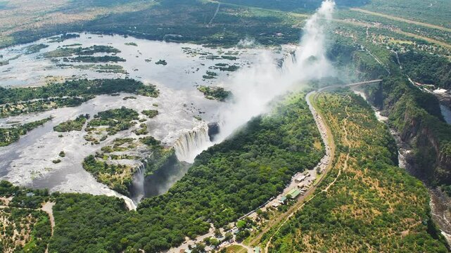 Aerial view of Victoria Falls in full flow, captured from above with cinematic clarity on the Sony FX3 &mdash; showcasing the power and beauty of one of the world&rsquo;s largest waterfalls.