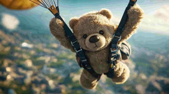 A teddy bear skydiving with a mini parachute over a toy town